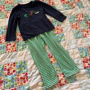 Kids Navy Blue Top & Green Gingham Pants Set